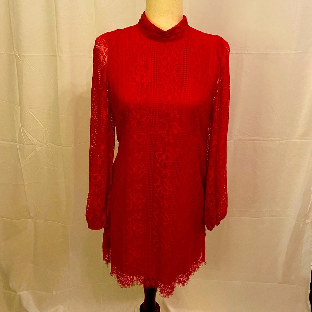 Anthropologie “Maeve” raspberry open backed lace mini dress, size 6